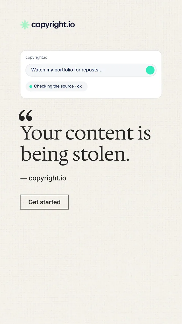 Instagram story for copyright.io: "Your content is being stolen." Editorial style, quote layout, light palette in white.
