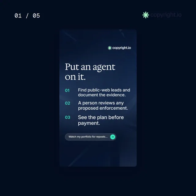 Video for copyright.io. Ad flipbook, 7.5 s, dark palette.