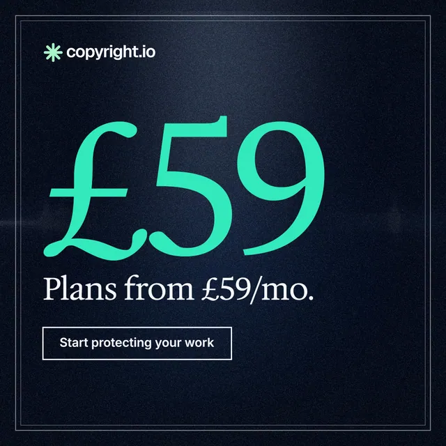 Instagram post for copyright.io: "Your content is being stolen. Put an agent on it." Dark deco style, stat layout, dark palette in black, blue, teal.