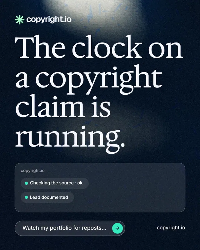 Instagram portrait post for copyright.io: "The clock on a copyright claim is running." Thermal style, poster layout, dark palette in blue, black, grey.