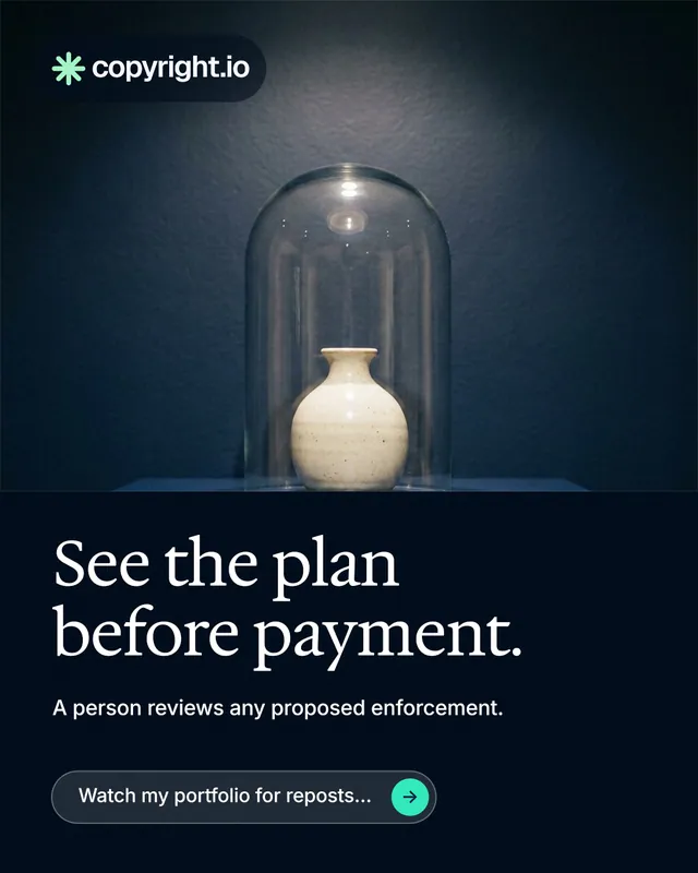 Instagram portrait post for copyright.io: "See the plan before payment." Agentic glass style, bottom layout, dark palette in black, blue, grey.