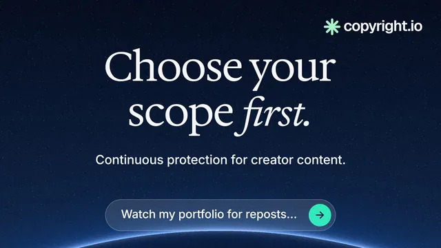 Landscape graphic for copyright.io: "Choose your scope first." Agentic glass style, centred layout, dark palette in blue, black.