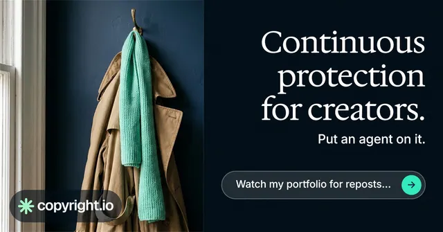 Social ad for copyright.io: "Continuous protection for creators." Agentic glass style, right layout, dark palette in black, grey.