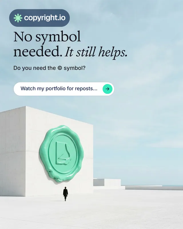 Instagram portrait post for copyright.io: "No symbol needed. It still helps." Agentic glass style, bottom layout, light palette in teal, grey, white.