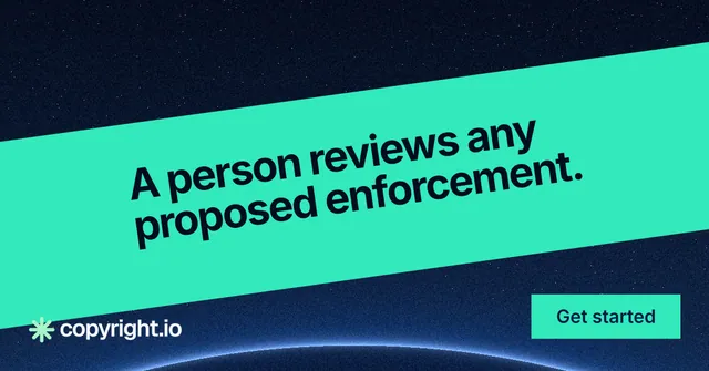 Social ad for copyright.io: "A person reviews any proposed enforcement." Swiss style, diagonal layout, dark palette in teal, black, blue.