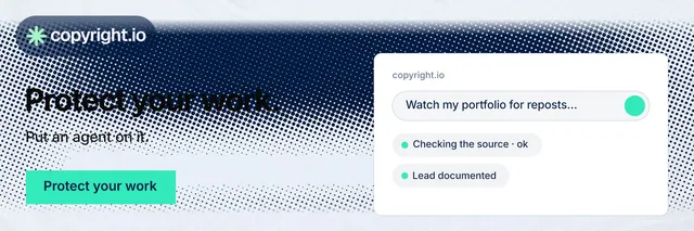 X header for copyright.io: "Protect your work." Swiss style, bottom layout, light palette in blue, white, teal.