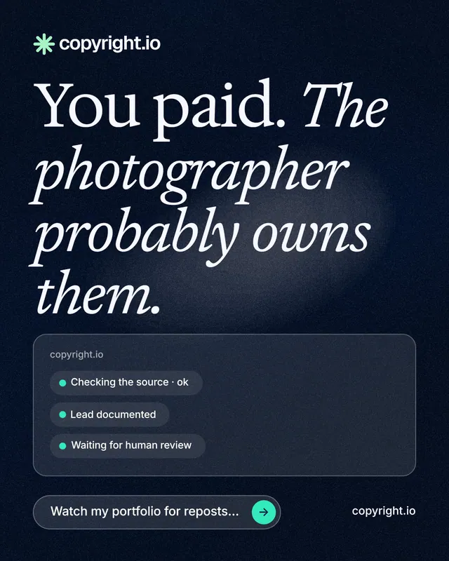 Instagram portrait post for copyright.io: "You paid. The photographer probably owns them." Thermal style, poster layout, dark palette in blue, black, grey.