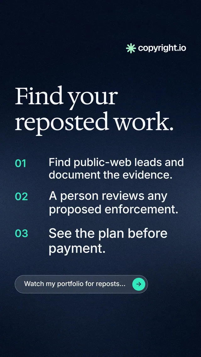 Instagram story for copyright.io: "Find your reposted work." Agentic glass style, numbered layout, dark palette in blue, black.