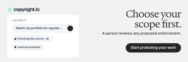 X header for copyright.io: "Choose your scope first." Data card style, right layout, light palette in white, grey.