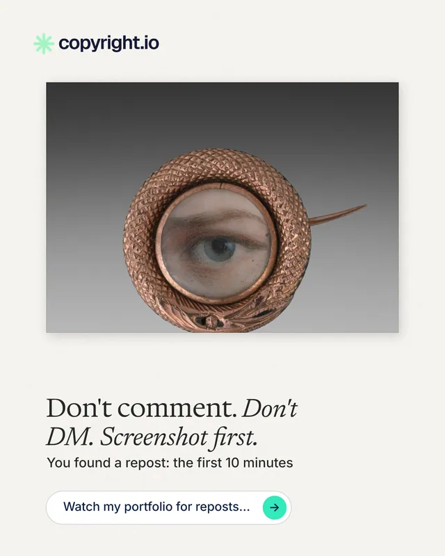 Instagram portrait post for copyright.io: "Don't comment. Don't DM. Screenshot first." Agentic glass style, bottom layout, light palette in white, grey.
