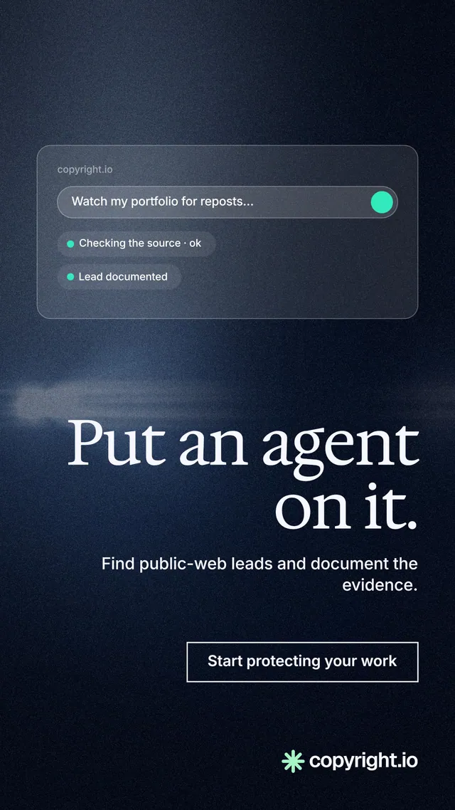 Instagram story for copyright.io: "Put an agent on it." Dark deco style, right layout, dark palette in black, blue, grey.
