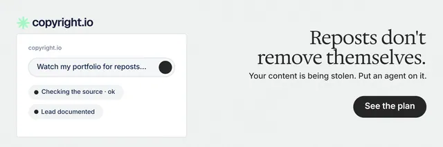 X header for copyright.io: "Reposts don't remove themselves." Data card style, right layout, light palette in white, grey.