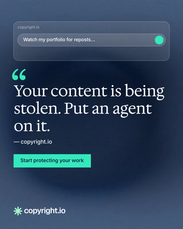Instagram portrait post for copyright.io: "Your content is being stolen. Put an agent on it." Swiss style, quote layout, dark palette in blue, teal.