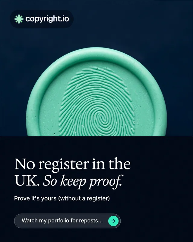 Instagram portrait post for copyright.io: "No register in the UK. So keep proof." Agentic glass style, bottom layout, dark palette in black, blue, teal.