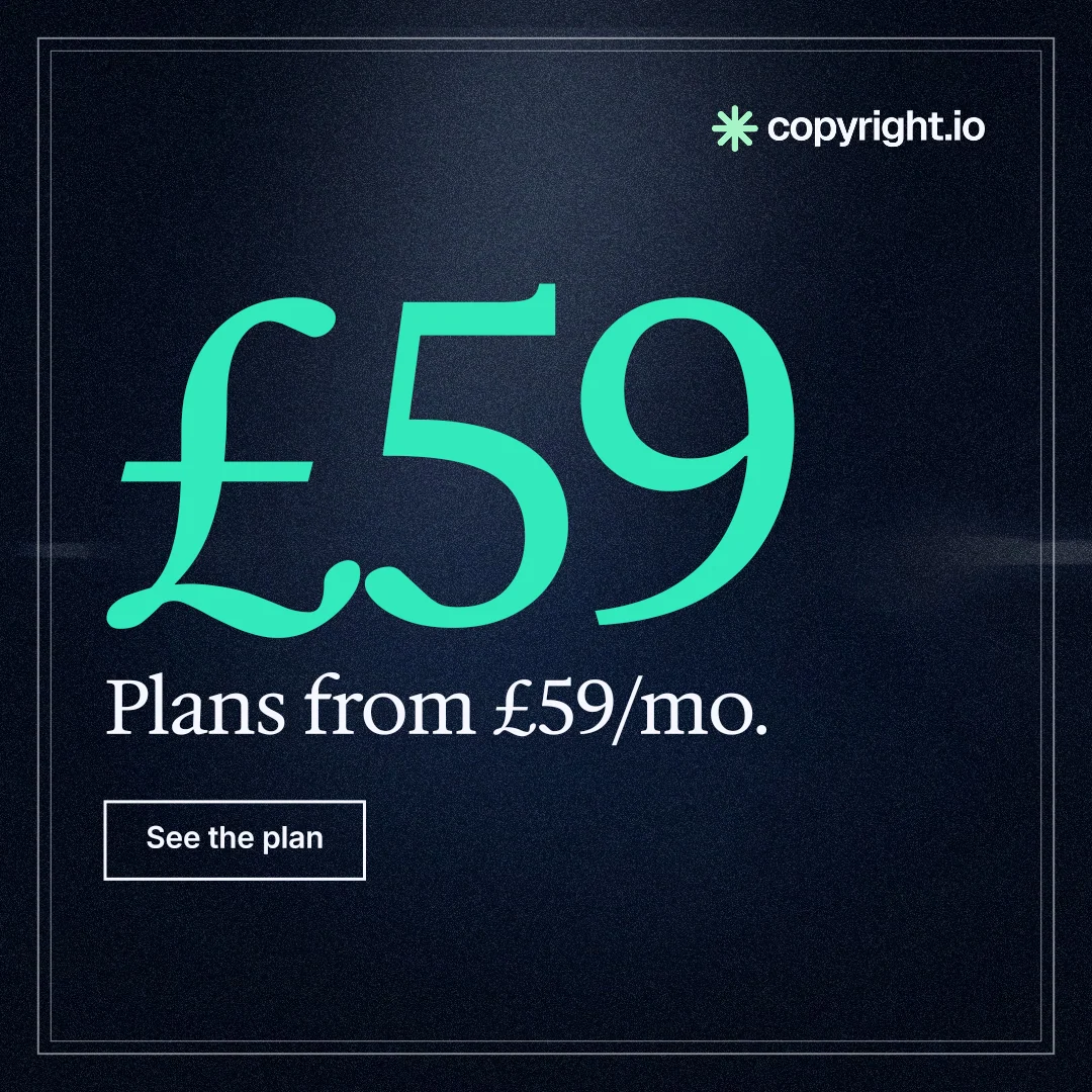 Instagram post for copyright.io: "See the plan first." Dark deco style, stat layout, dark palette in blue, black, teal.