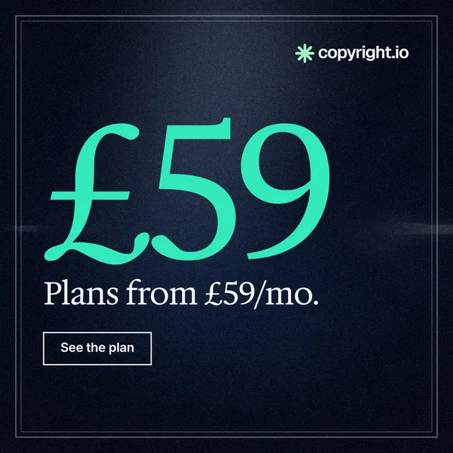 Instagram post for copyright.io: "See the plan first." Dark deco style, stat layout, dark palette in blue, black, teal.