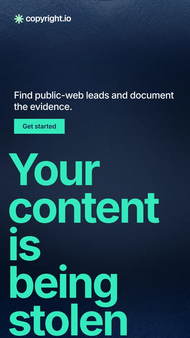 Instagram story for copyright.io: "Your content is being stolen." Swiss style, oversized layout, dark palette in blue, black, teal.