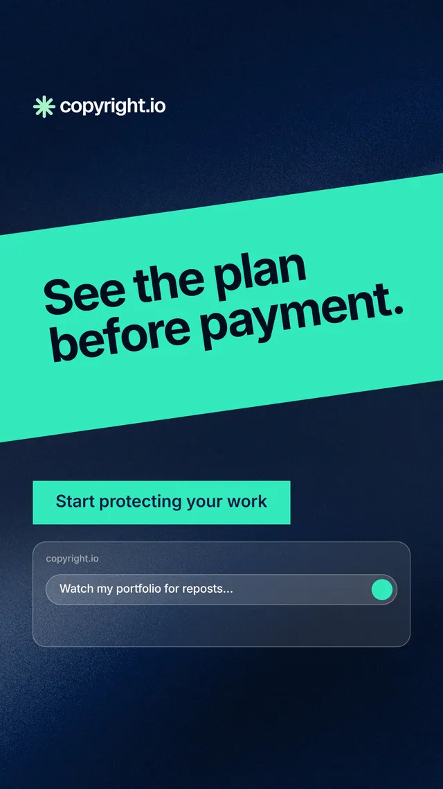 Instagram story for copyright.io: "See the plan before payment." Swiss style, diagonal layout, dark palette in teal, black, blue.