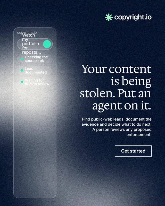 Instagram portrait post for copyright.io: "Your content is being stolen. Put an agent on it." Cyanotype style, right layout, dark palette in grey, black, blue.