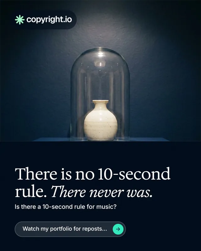 Instagram portrait post for copyright.io: "There is no 10-second rule. There never was." Agentic glass style, bottom layout, dark palette in blue, black, grey.