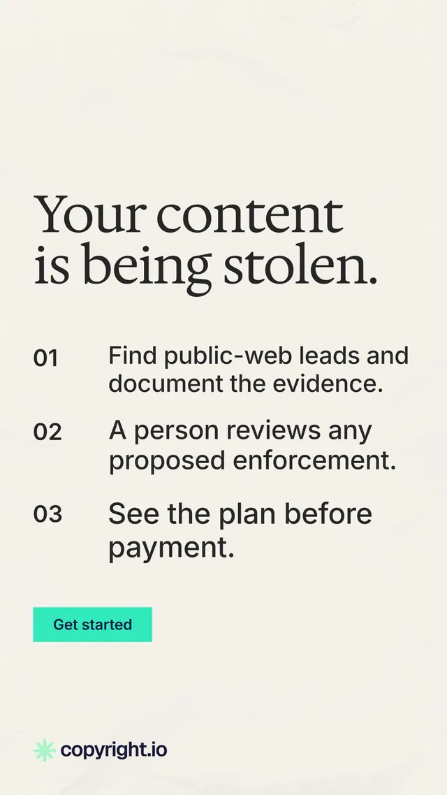 Instagram story for copyright.io: "Your content is being stolen." Swiss style, numbered layout, light palette in white.