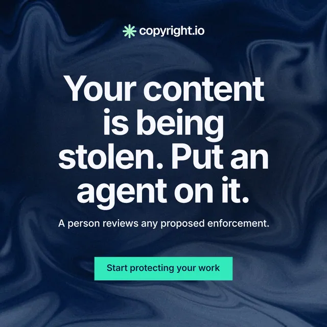 Instagram post for copyright.io: "Your content is being stolen. Put an agent on it." Swiss style, centred layout, dark palette in blue, black.