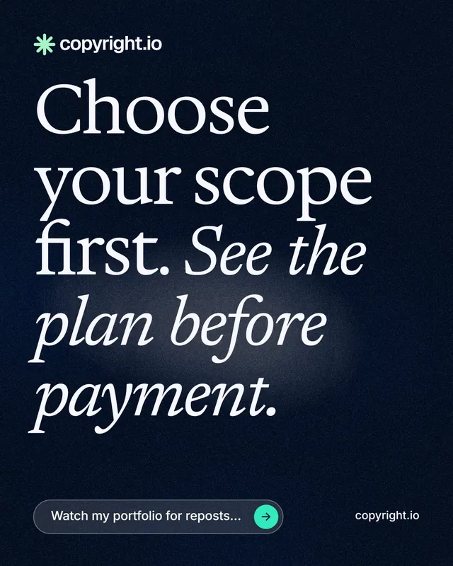 Instagram portrait post for copyright.io: "Choose your scope first. See the plan before payment." Thermal style, poster layout, dark palette in black, blue, grey.
