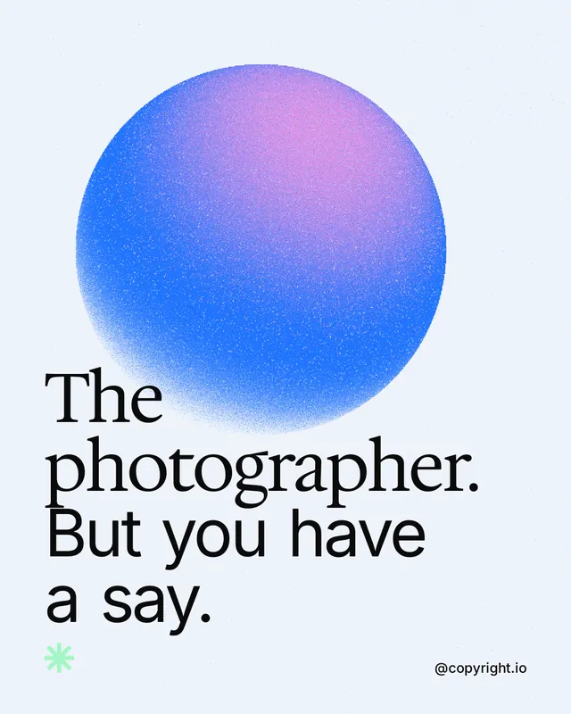Instagram portrait post for copyright.io: "The photographer. But you have a say." Auto 4x5 style, technique:shader field layout, light palette in white, blue.