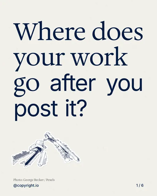 Carousel for copyright.io: "Where does your work go after you post it?". Cutout essay, 6 slides, light palette.