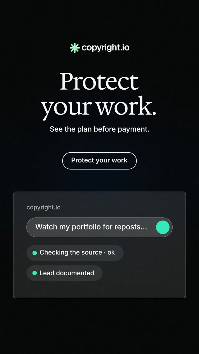Instagram story for copyright.io: "Protect your work." Phosphor atlas style, centred layout, dark palette in black.