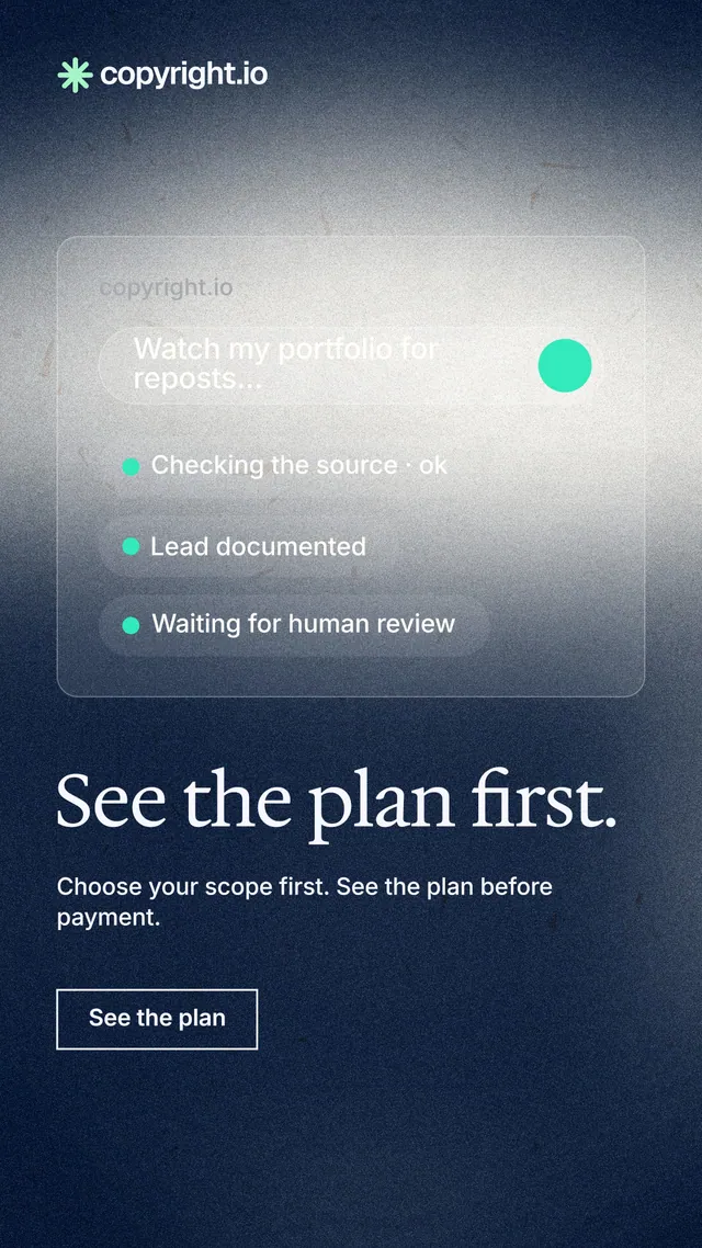 Instagram story for copyright.io: "See the plan first." Cyanotype style, bottom layout, dark palette in white, blue, grey.
