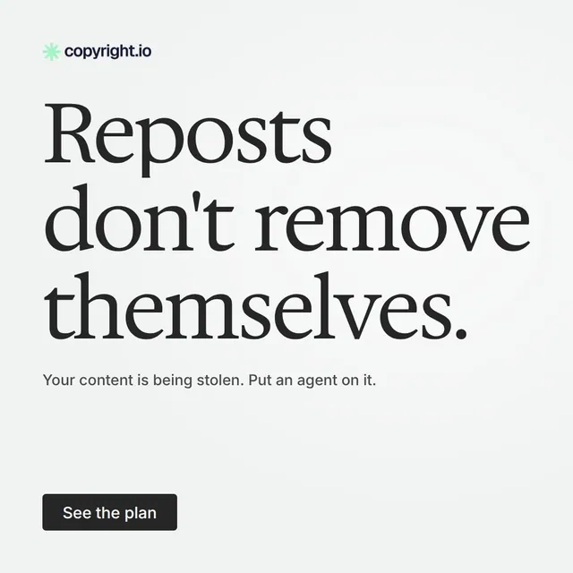 Video for copyright.io: "Reposts don't remove themselves.". Doc motion loop, 8.0 s, light palette.