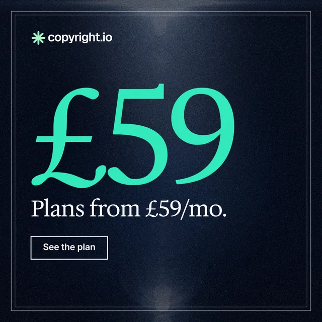 Instagram post for copyright.io: "Your content is being stolen. Put an agent on it." Dark deco style, stat layout, dark palette in blue, black, teal.