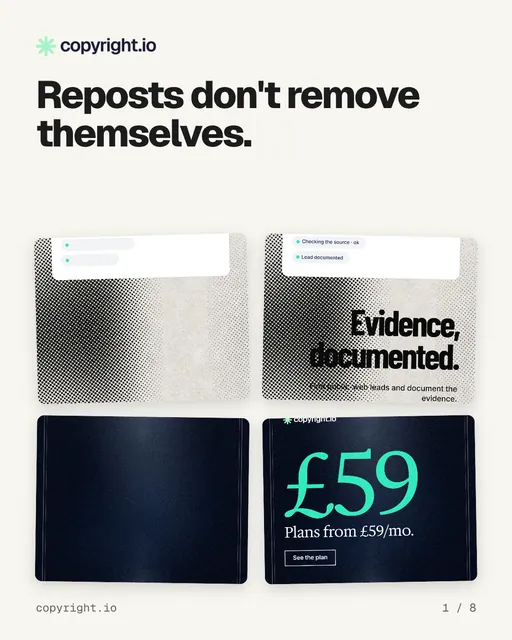 Carousel for copyright.io: "Reposts don't remove themselves.". Collection carousel, 8 slides, light palette.