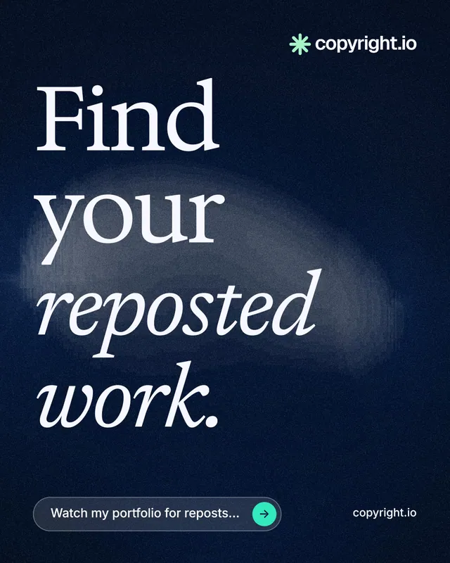 Instagram portrait post for copyright.io: "Find your reposted work." Thermal style, poster layout, dark palette in black, blue, grey.