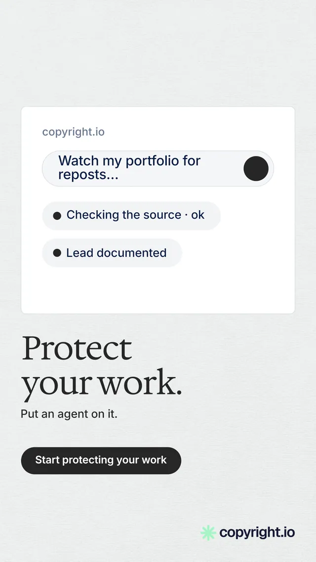Instagram story for copyright.io: "Protect your work." Data card style, bottom layout, light palette in white, grey.