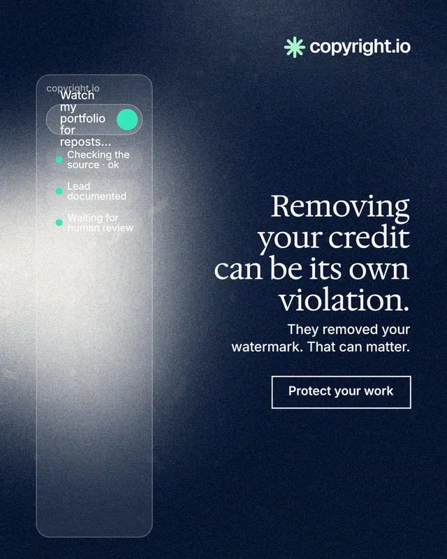Instagram portrait post for copyright.io: "Removing your credit can be its own violation." Cyanotype style, right layout, dark palette in black, blue, grey.