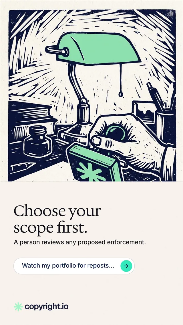 Instagram story for copyright.io: "Choose your scope first." Agentic glass style, bottom layout, light palette in white, grey.