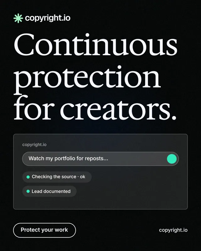 Instagram portrait post for copyright.io: "Continuous protection for creators." Phosphor atlas style, poster layout, dark palette in black, grey.