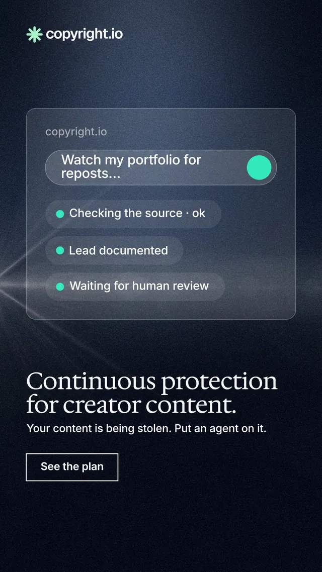 Instagram story for copyright.io: "Continuous protection for creator content." Dark deco style, bottom layout, dark palette in black, blue, grey.