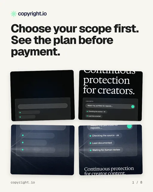 Carousel for copyright.io: "Choose your scope first. See the plan before payment.". Collection carousel, 8 slides, light palette.