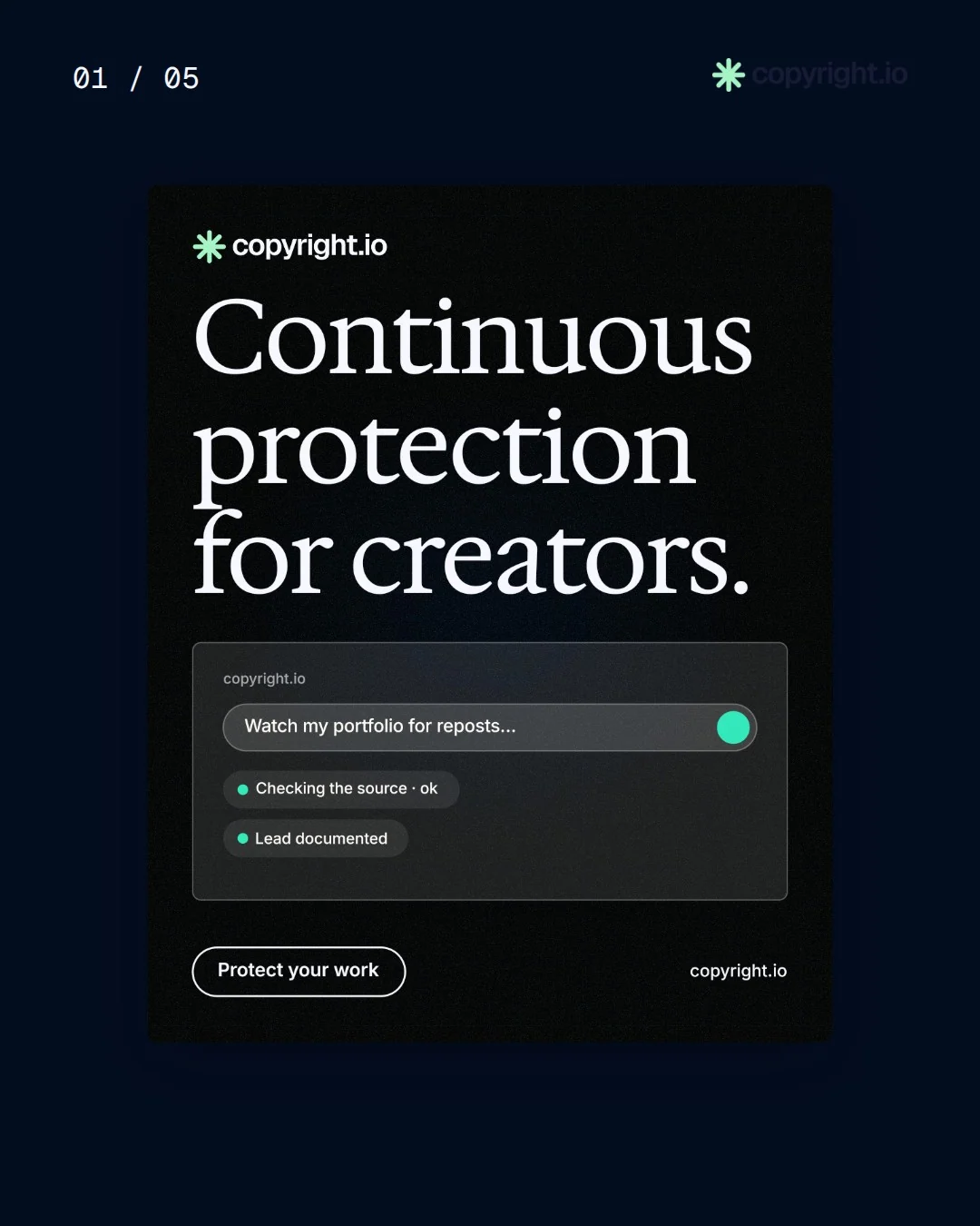Video for copyright.io. Ad flipbook, 7.5 s, dark palette.