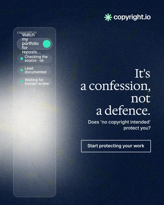 Instagram portrait post for copyright.io: "It's a confession, not a defence." Cyanotype style, right layout, dark palette in blue, black, grey.