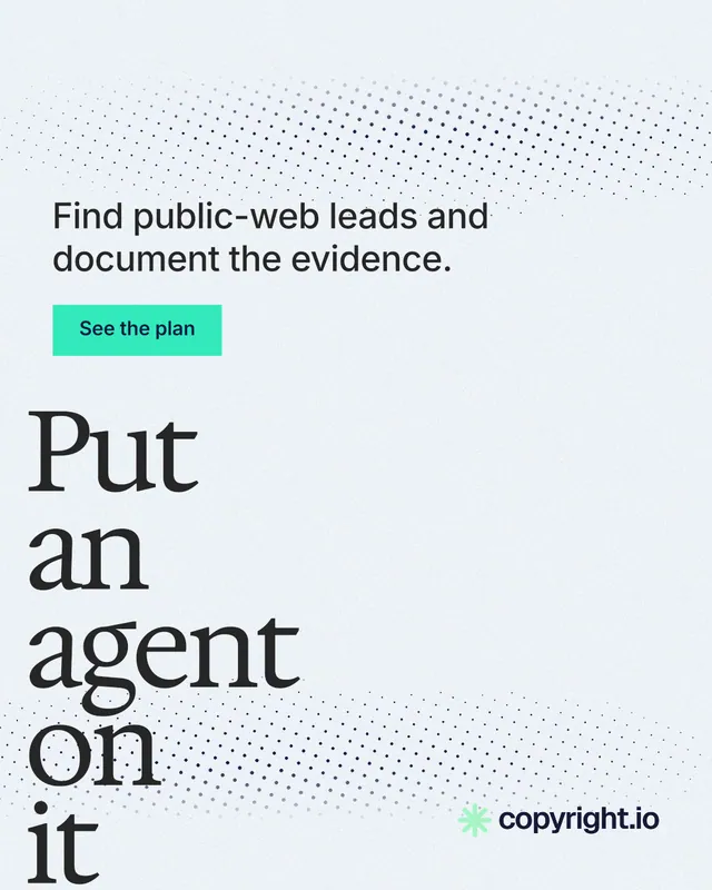 Instagram portrait post for copyright.io: "Put an agent on it." Swiss style, oversized layout, light palette in white, grey.