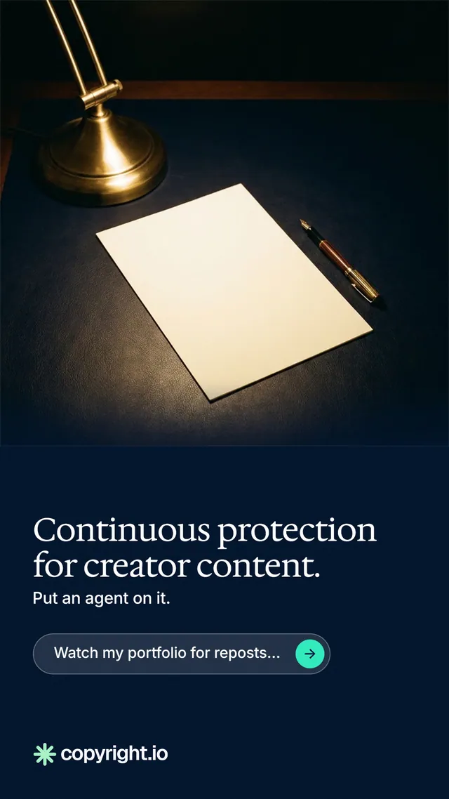 Instagram story for copyright.io: "Continuous protection for creator content." Agentic glass style, bottom layout, dark palette in black, grey.