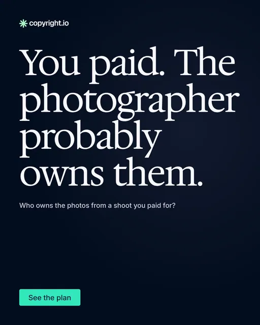 Video for copyright.io: "You paid. The photographer probably owns them.". Doc motion loop, 6.0 s, dark palette.