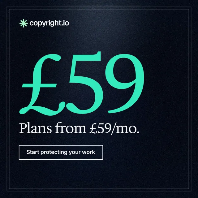 Instagram post for copyright.io: "Find your reposted work." Dark deco style, stat layout, dark palette in black, teal.