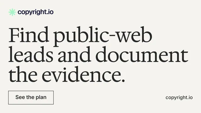 Landscape graphic for copyright.io: "Find public-web leads and document the evidence." Editorial style, poster layout, light palette in white, grey.