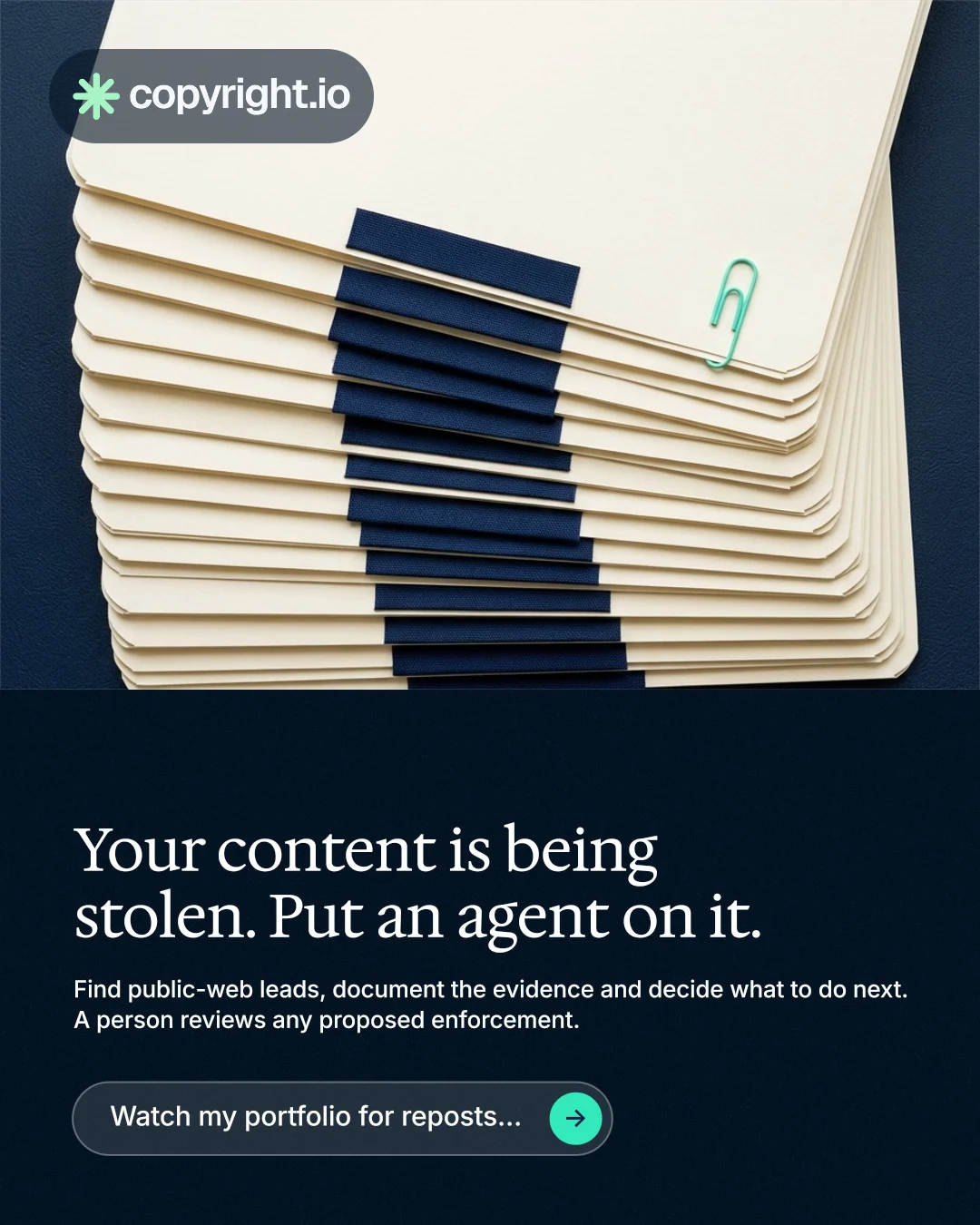 Instagram portrait post for copyright.io: "Your content is being stolen. Put an agent on it." Agentic glass style, bottom layout, dark palette in yellow, black, blue.