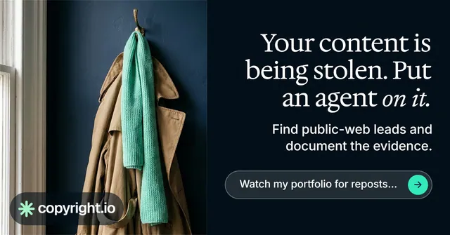 Social ad for copyright.io: "Your content is being stolen. Put an agent on it." Agentic glass style, right layout, dark palette in black, grey.
